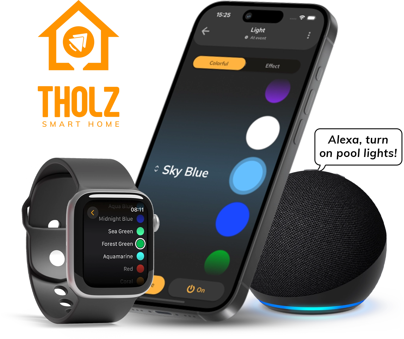 Tholz Smart Home app interface showing pool lighting automation and smart control features on a smartphone.