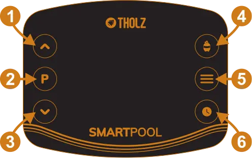 Teclas del sistema SmartPool Tholz para automatización de piscinas y control de funciones.