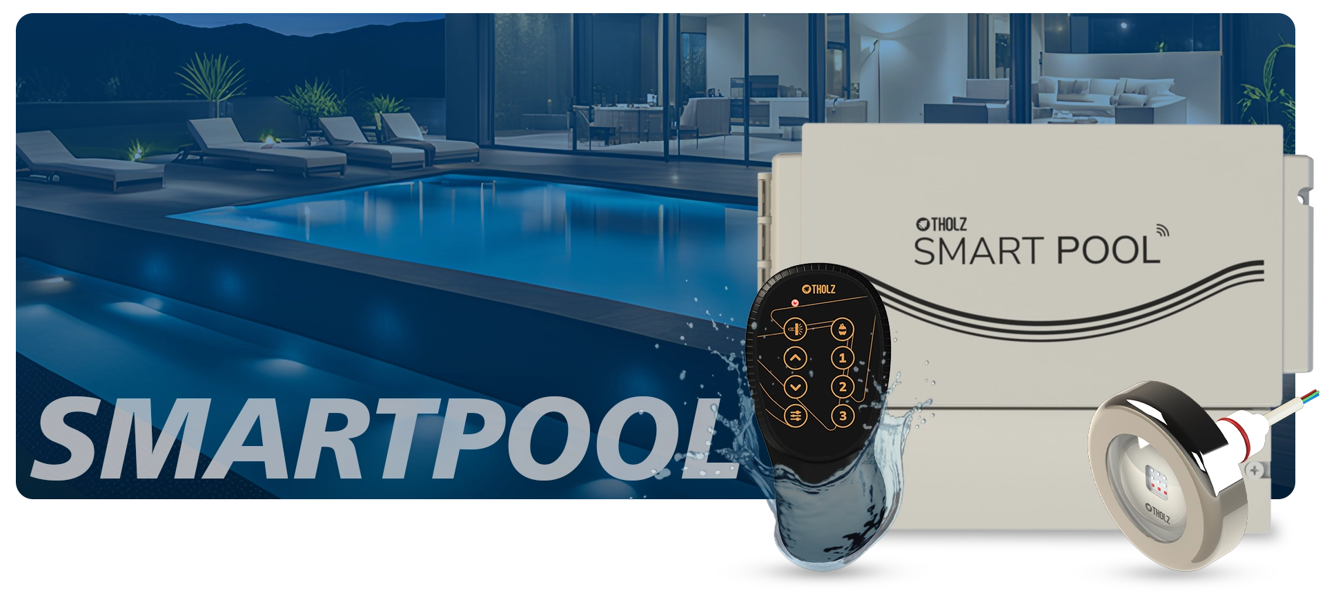 Automatización de piscina Tholz SmartPool compatible con luces 4-wire para control eficiente de iluminación.