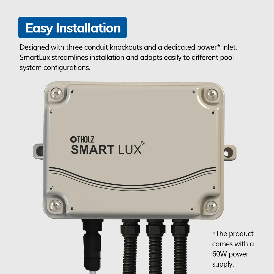 Conduits y fuente de alimentación del sistema SmartLux Tholz para control de iluminación de piscinas.