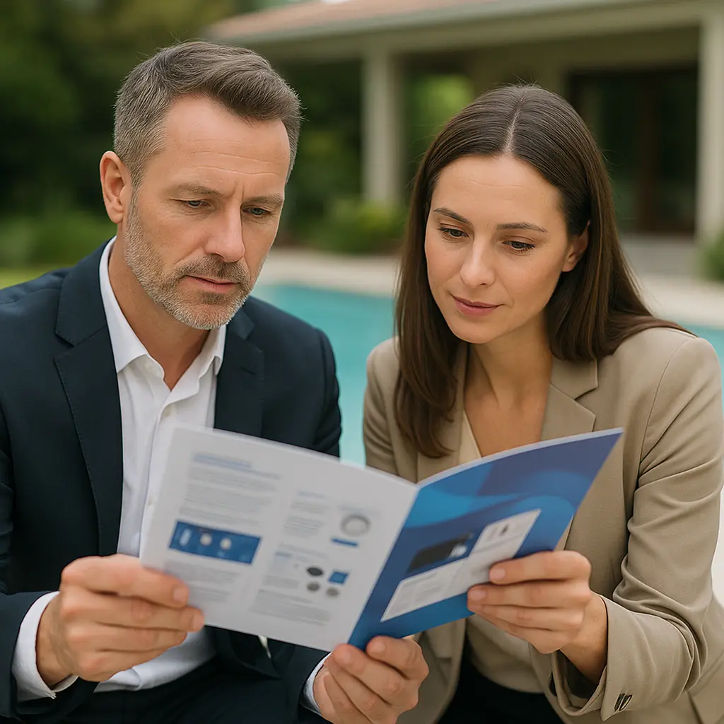 Pareja consultando el catálogo de productos Tholz con soluciones de automatización e iluminación para piscinas.