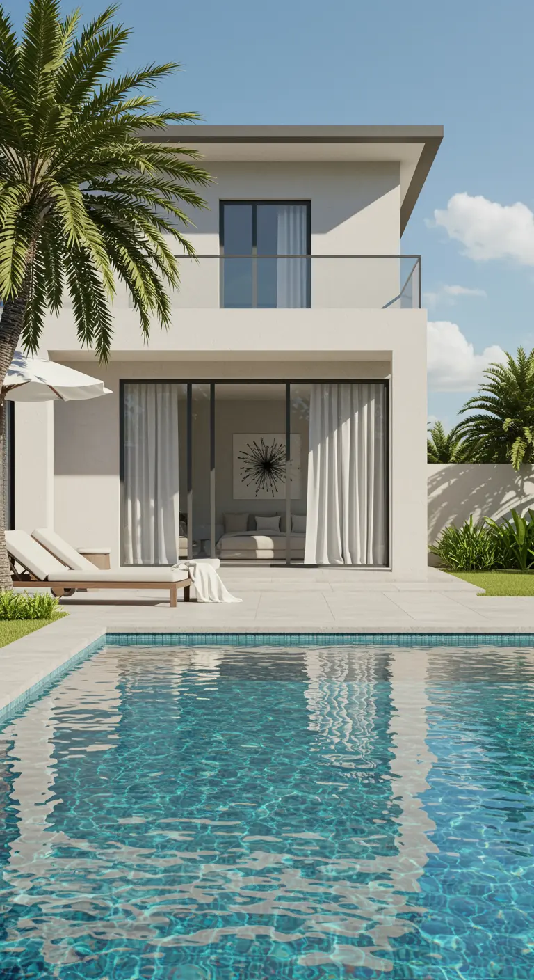 Modern two-story house with a private swimming pool, palm trees, clean architectural lines, and crystal-clear water reflecting the minimalist façade.